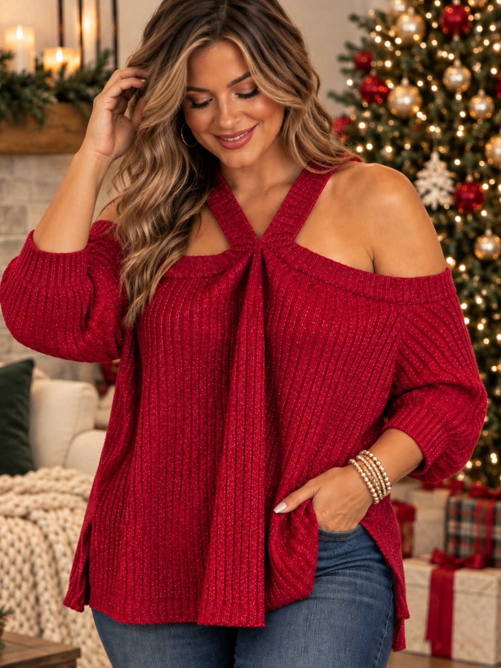 Chic Soul Red Sparkle Cold Shoulder Strappy Sweater Holiday Christmas